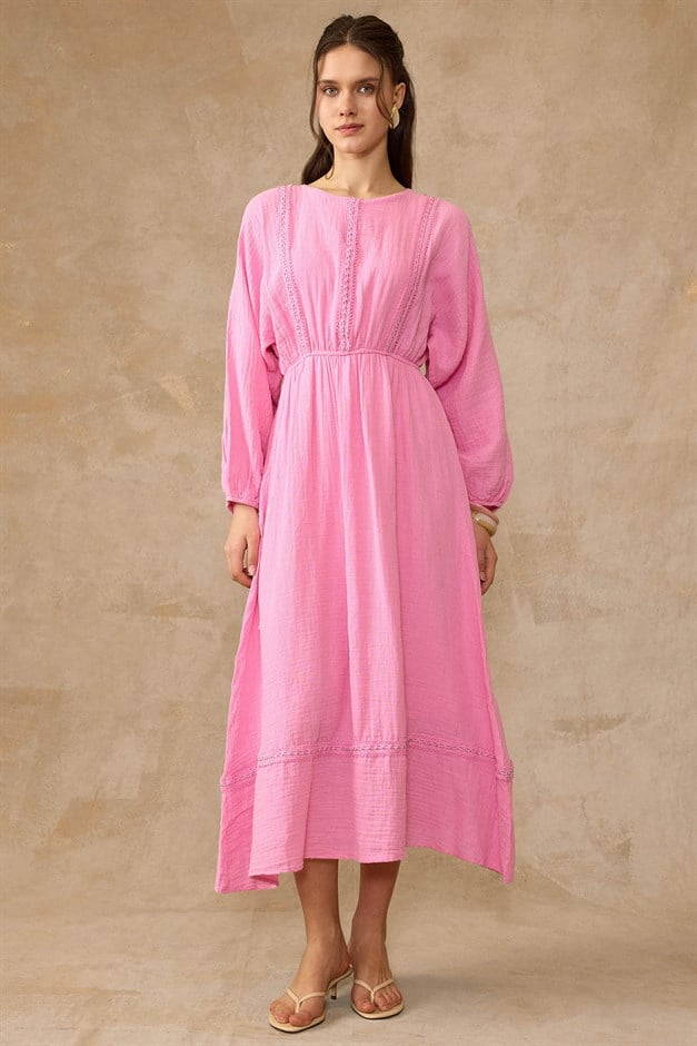Şerit Detaylı Beli Lastikli Müslin Elbise PEMBE 9453-E