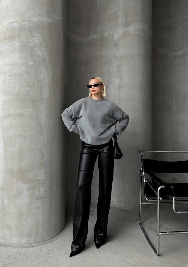 Crew Neck Angora Look Soft Loose Sweater GREY 8237