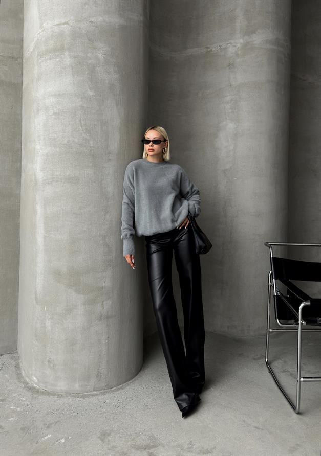 Crew Neck Angora Look Soft Loose Sweater GREY 8237