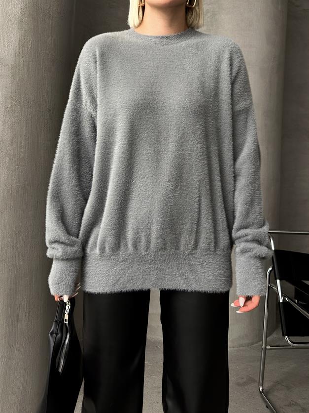 Crew Neck Angora Look Soft Loose Sweater GREY 8237
