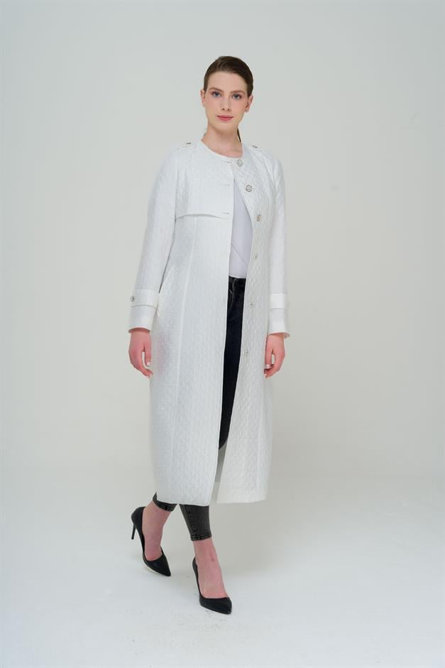Zero Collar Epaulette Detailed Quilted Patterned Lined Lightweight Trench Coat IVORY 6579
