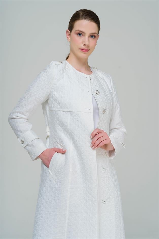 Zero Collar Epaulette Detailed Quilted Patterned Lined Lightweight Trench Coat IVORY 6579