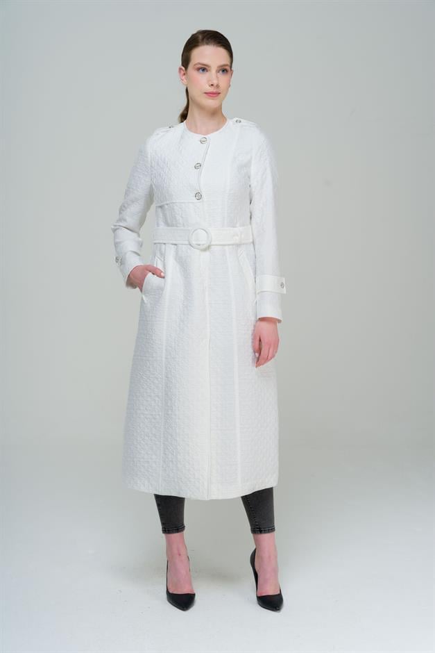 Zero Collar Epaulette Detailed Quilted Patterned Lined Lightweight Trench Coat IVORY 6579