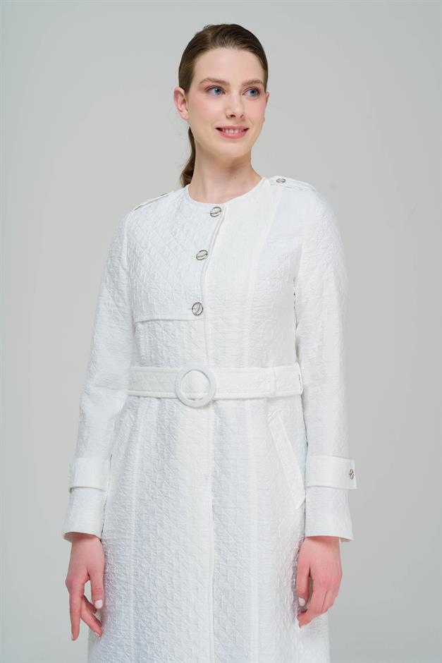 Zero Collar Epaulette Detailed Quilted Patterned Lined Lightweight Trench Coat IVORY 6579
