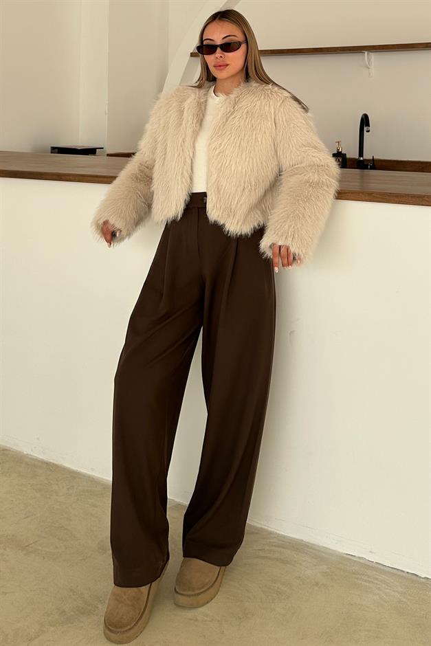 Sıfır Yaka Crop Suni Kürk Ceket TAŞ 1014