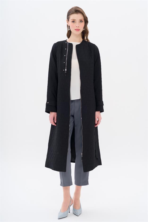 Crew Neck Zipper Detailed Quilted Patterned Lightweight Coat BLACK 6707