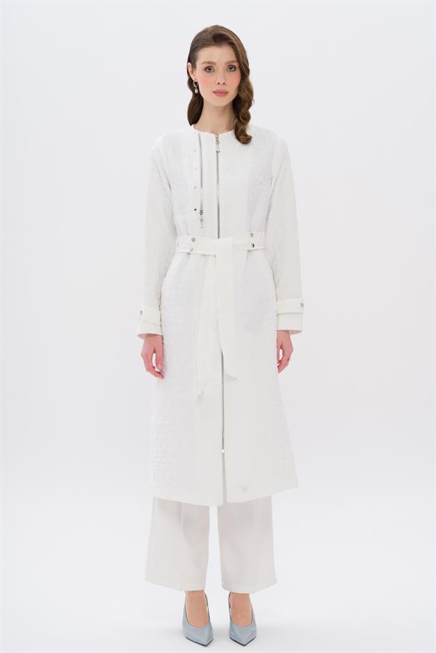 Crew Neck Zipper Detailed Quilted Patterned Lightweight Coat IVORY 6707