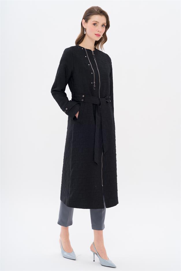 Crew Neck Zipper Detailed Quilted Patterned Lightweight Coat BLACK 6707