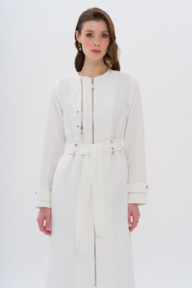 Crew Neck Zipper Detailed Quilted Patterned Lightweight Coat IVORY 6707