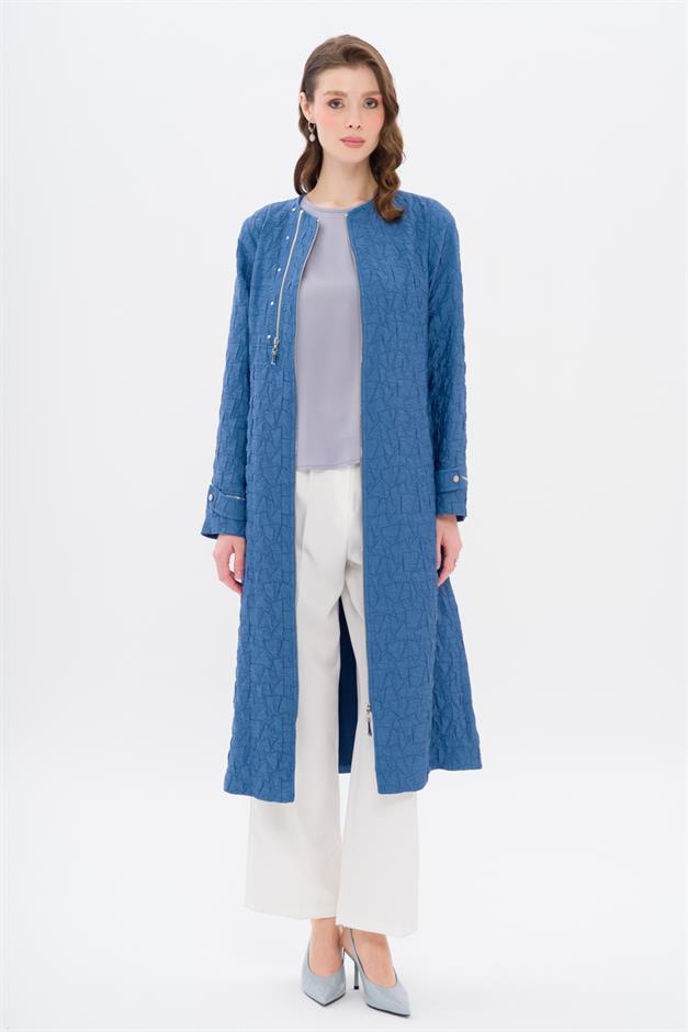 Crew Neck Zipper Detailed Quilted Patterned Lightweight Coat İNDİGO 6707