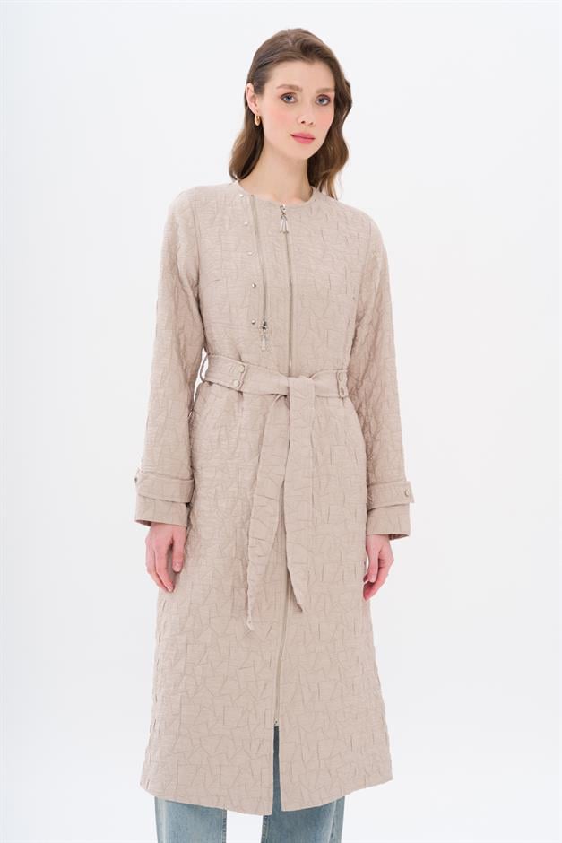Crew Neck Zipper Detailed Quilted Patterned Lightweight Coat STONE 6707