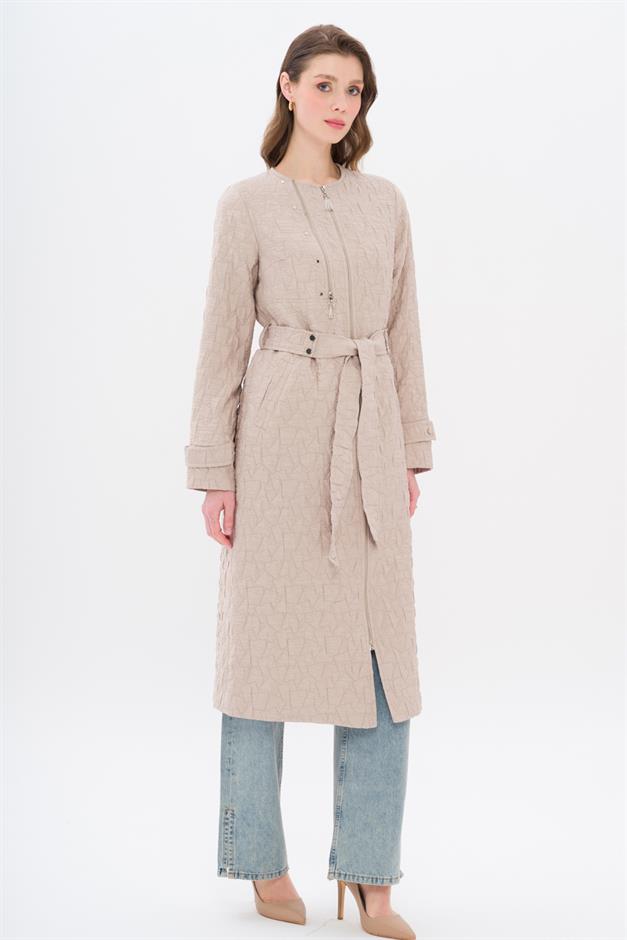 Crew Neck Zipper Detailed Quilted Patterned Lightweight Coat STONE 6707