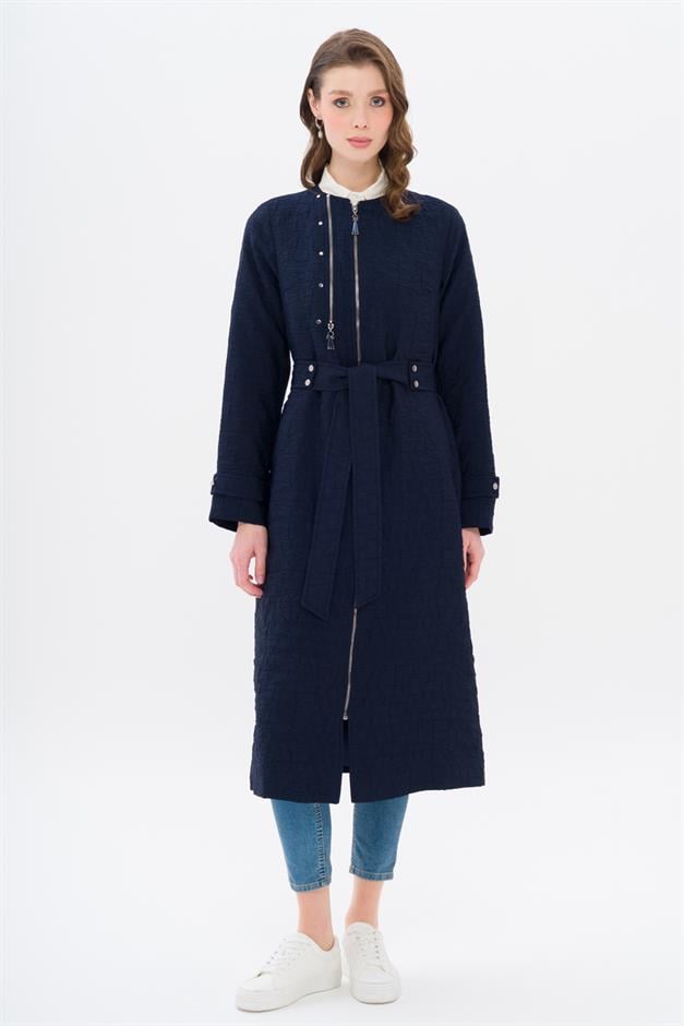 Crew Neck Zipper Detailed Quilted Patterned Lightweight Coat NAVY 6707