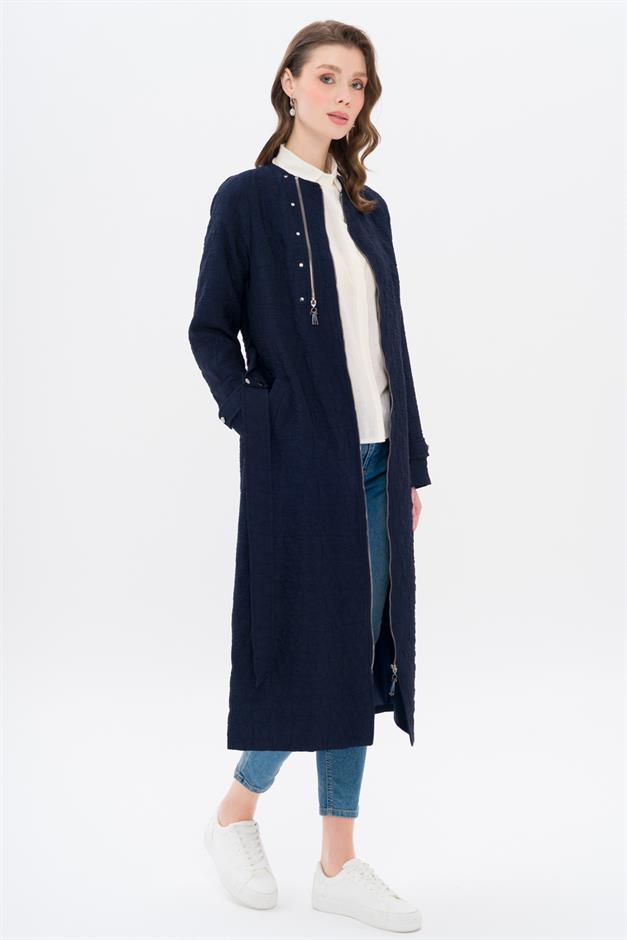 Crew Neck Zipper Detailed Quilted Patterned Lightweight Coat NAVY 6707