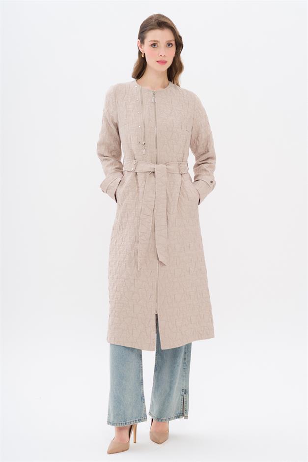 Crew Neck Zipper Detailed Quilted Patterned Lightweight Coat STONE 6707