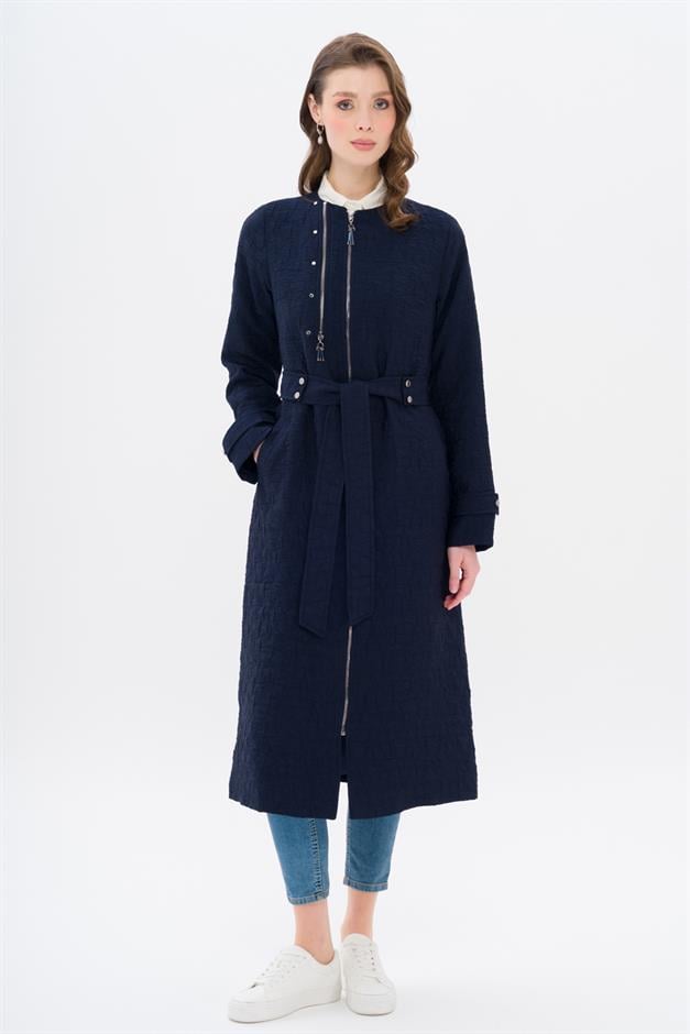 Crew Neck Zipper Detailed Quilted Patterned Lightweight Coat NAVY 6707