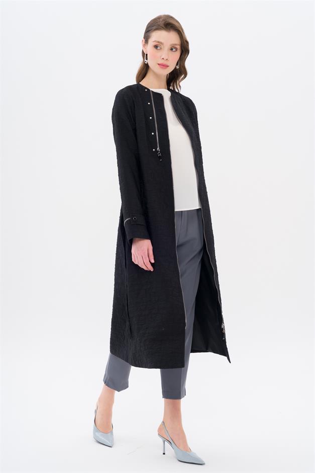Crew Neck Zipper Detailed Quilted Patterned Lightweight Coat BLACK 6707