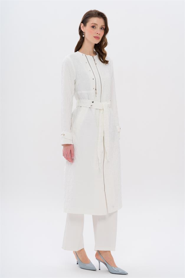Crew Neck Zipper Detailed Quilted Patterned Lightweight Coat IVORY 6707