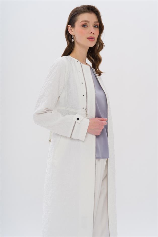 Crew Neck Zipper Detailed Quilted Patterned Lightweight Coat IVORY 6707