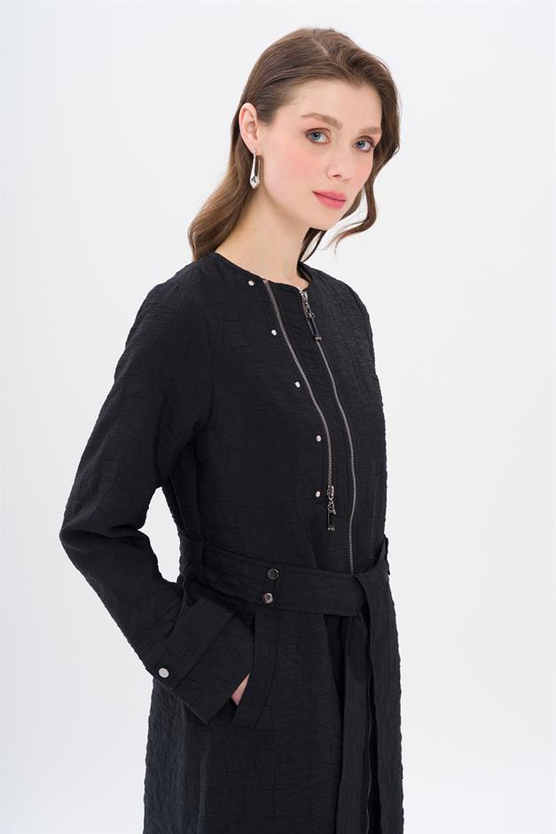 Crew Neck Zipper Detailed Quilted Patterned Lightweight Coat BLACK 6707