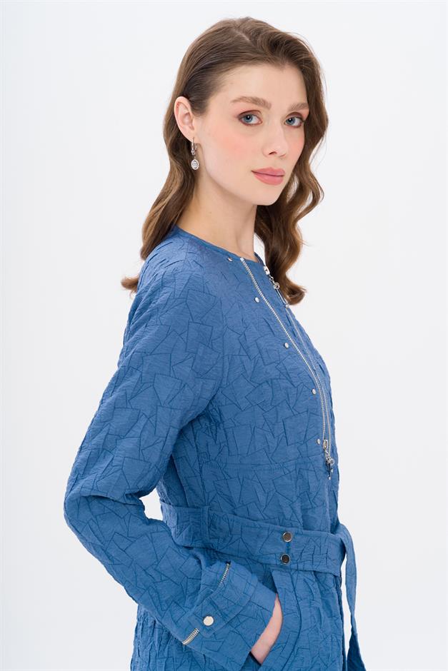 Crew Neck Zipper Detailed Quilted Patterned Lightweight Coat İNDİGO 6707
