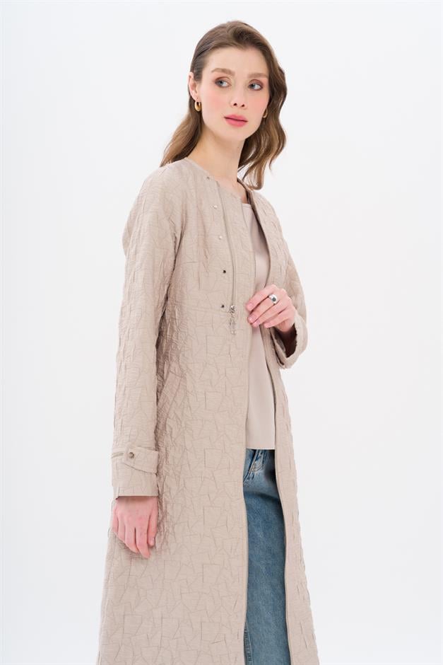 Crew Neck Zipper Detailed Quilted Patterned Lightweight Coat STONE 6707