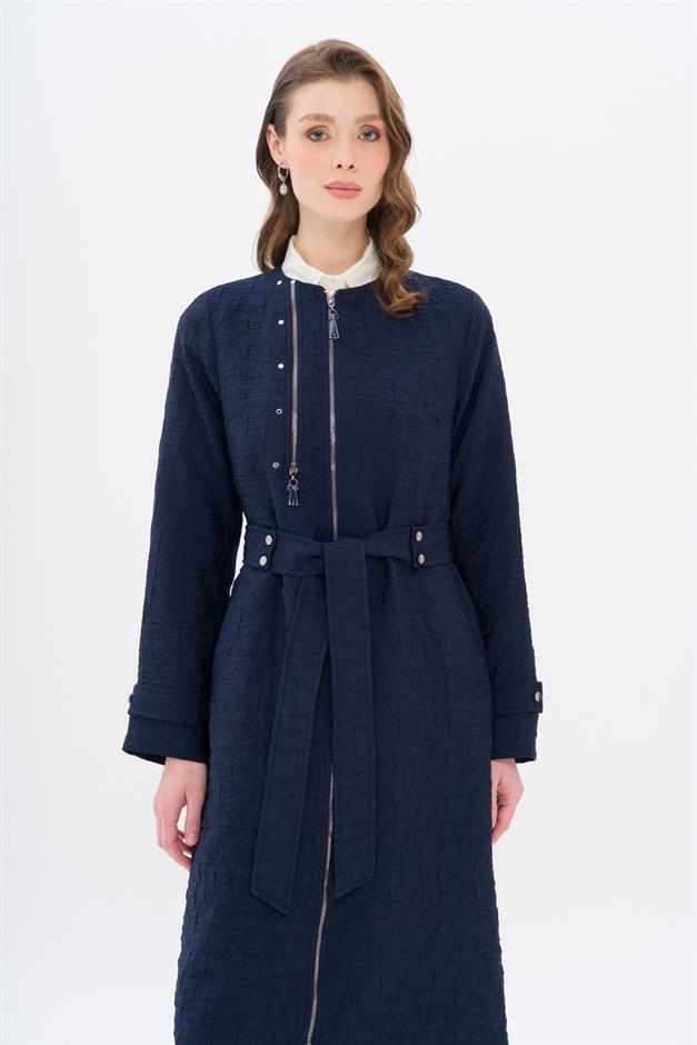 Crew Neck Zipper Detailed Quilted Patterned Lightweight Coat NAVY 6707