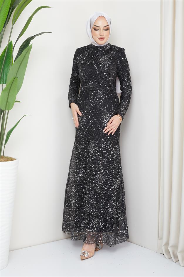 فستان سهرة محجبات لامع ومطرز بالترتر أسود 1644