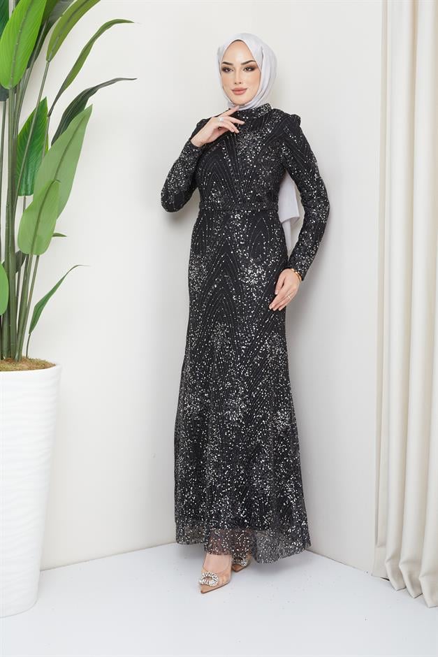 فستان سهرة محجبات لامع ومطرز بالترتر أسود 1644