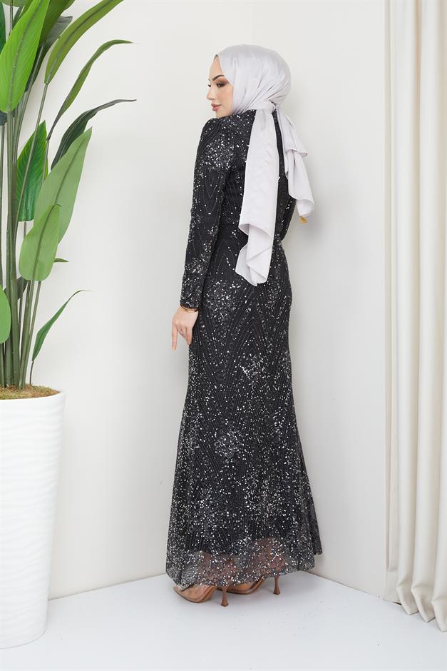 فستان سهرة محجبات لامع ومطرز بالترتر أسود 1644