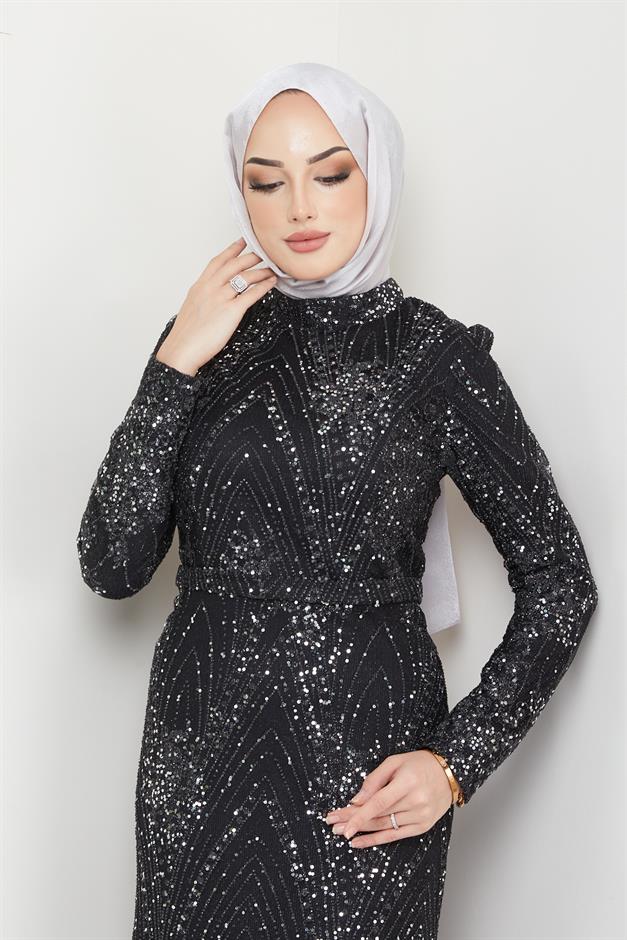 فستان سهرة محجبات لامع ومطرز بالترتر أسود 1644