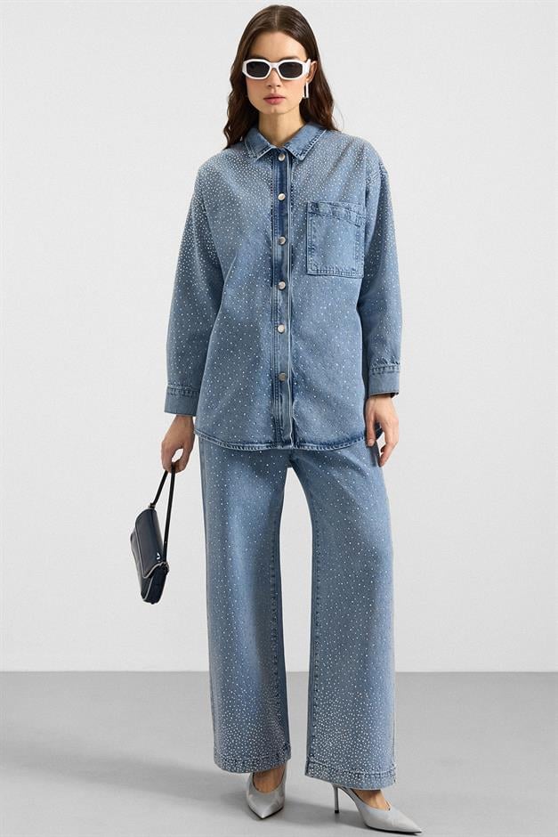 Taş Bezeli Ceket Pantolon Denim İkili Takım AÇIK MAVİ 9387-TK