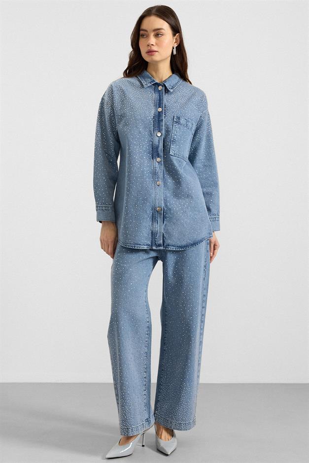 Taş Bezeli Ceket Pantolon Denim İkili Takım AÇIK MAVİ 9387-TK