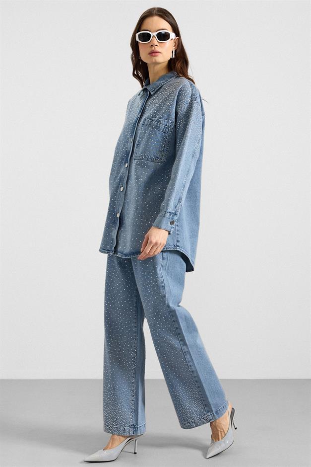 Taş Bezeli Ceket Pantolon Denim İkili Takım AÇIK MAVİ 9387-TK