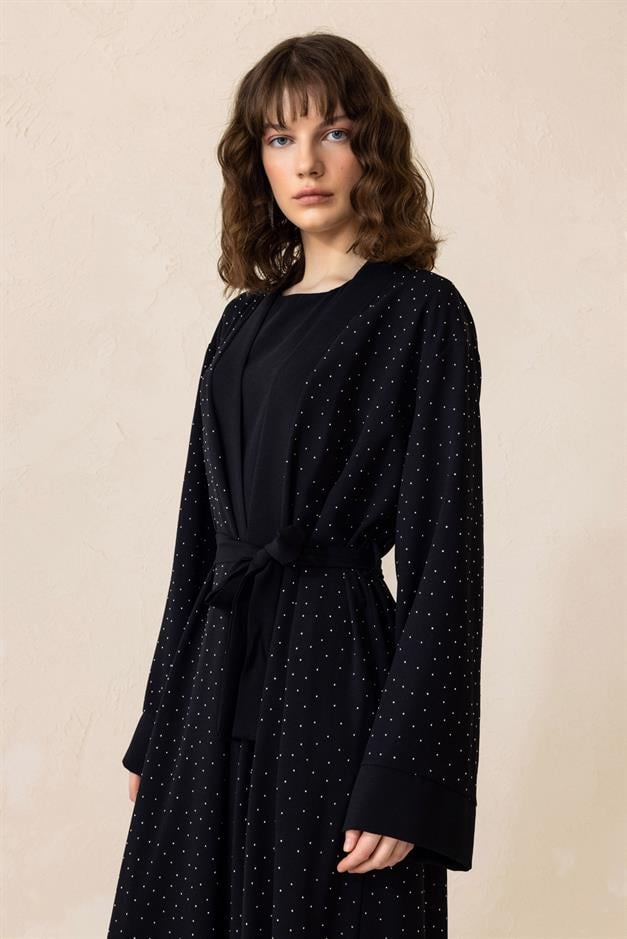 Taş Bezeli Krep İkili Abaya Takım SİYAH 6732