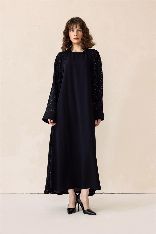 Taş Bezeli Krep İkili Abaya Takım SİYAH 6732