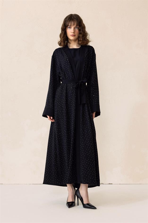 Taş Bezeli Krep İkili Abaya Takım SİYAH 6732