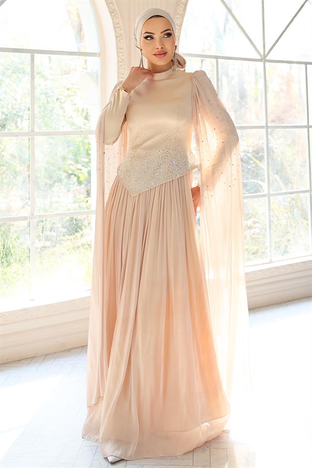 Taş Bezeli Pilise ve Pelerin Detaylı Saten-Yoryo İpek Tesettür Abiye Elbise BEJ 1054