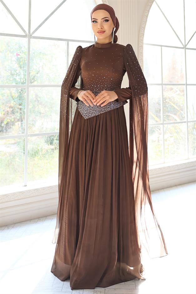 Taş Bezeli Pilise ve Pelerin Detaylı Saten-Yoryo İpek Tesettür Abiye Elbise KAHVE 1054