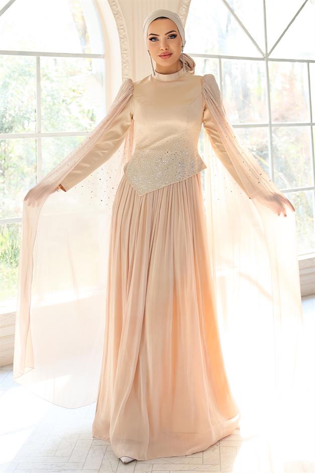 Taş Bezeli Pilise ve Pelerin Detaylı Saten-Yoryo İpek Tesettür Abiye Elbise BEJ 1054