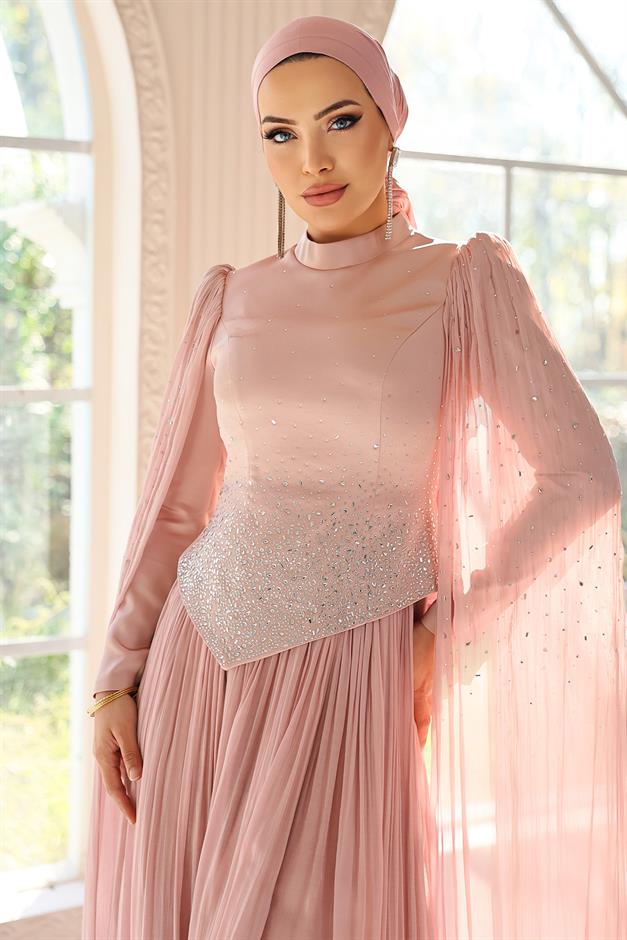 Taş Bezeli Pilise ve Pelerin Detaylı Saten-Yoryo İpek Tesettür Abiye Elbise PUDRA 1054