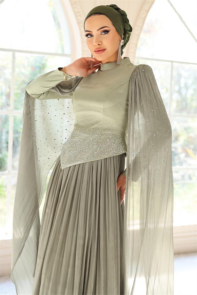 Taş Bezeli Pilise ve Pelerin Detaylı Saten-Yoryo İpek Tesettür Abiye Elbise AÇIK YEŞİL 1054