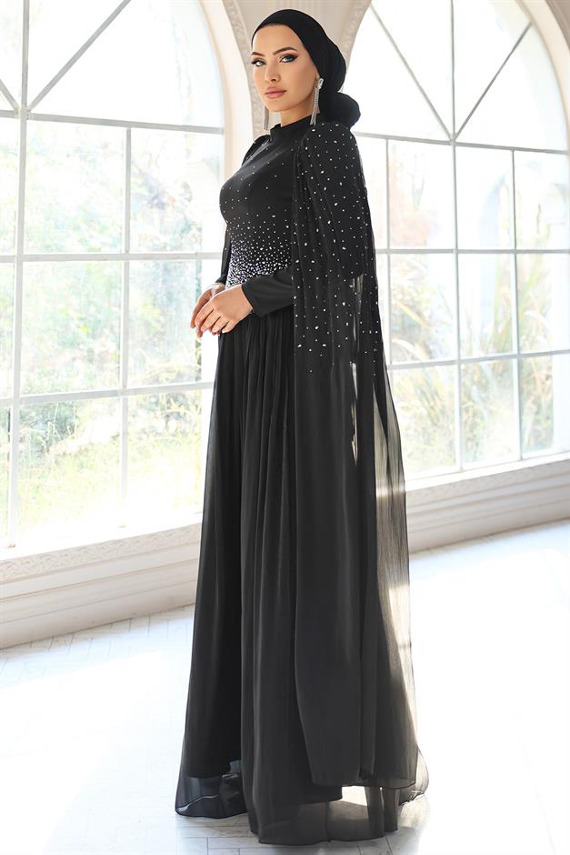 Taş Bezeli Pilise ve Pelerin Detaylı Saten-Yoryo İpek Tesettür Abiye Elbise SİYAH 1054