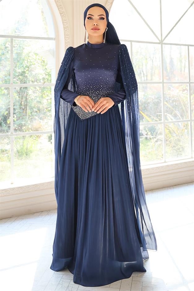 Taş Bezeli Pilise ve Pelerin Detaylı Saten-Yoryo İpek Tesettür Abiye Elbise LACİVERT 1054
