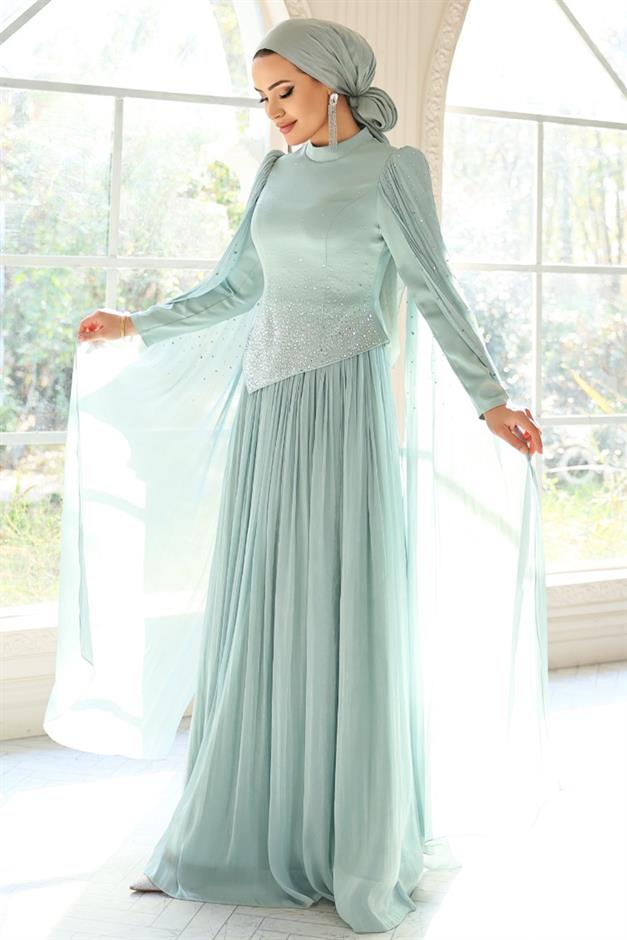 Taş Bezeli Pilise ve Pelerin Detaylı Saten-Yoryo İpek Tesettür Abiye Elbise MİNT 1054