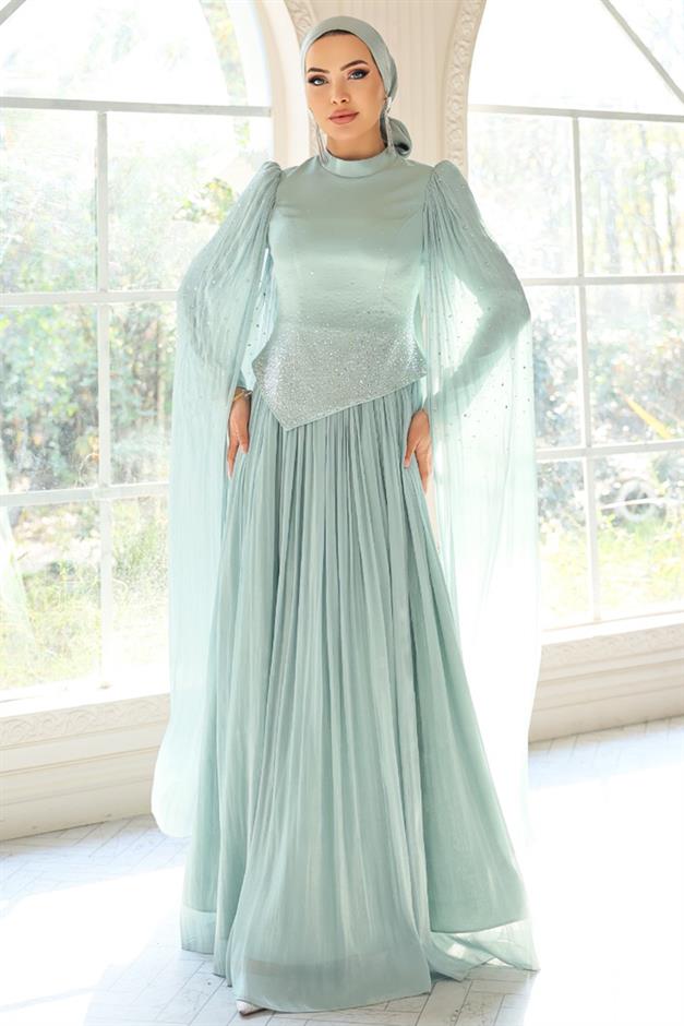 Taş Bezeli Pilise ve Pelerin Detaylı Saten-Yoryo İpek Tesettür Abiye Elbise MİNT 1054