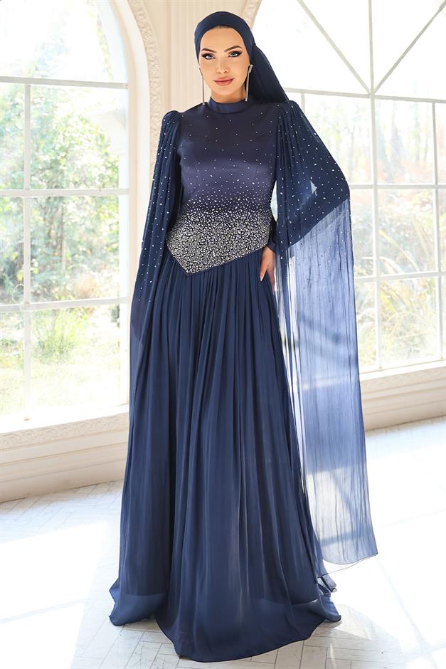 Taş Bezeli Pilise ve Pelerin Detaylı Saten-Yoryo İpek Tesettür Abiye Elbise LACİVERT 1054