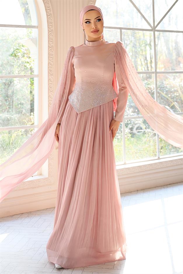 Taş Bezeli Pilise ve Pelerin Detaylı Saten-Yoryo İpek Tesettür Abiye Elbise PUDRA 1054
