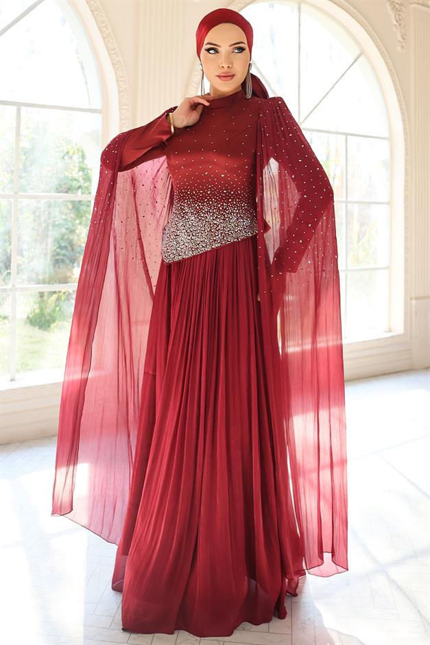 Taş Bezeli Pilise ve Pelerin Detaylı Saten-Yoryo İpek Tesettür Abiye Elbise BORDO 1054