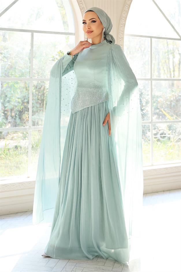 Taş Bezeli Pilise ve Pelerin Detaylı Saten-Yoryo İpek Tesettür Abiye Elbise MİNT 1054